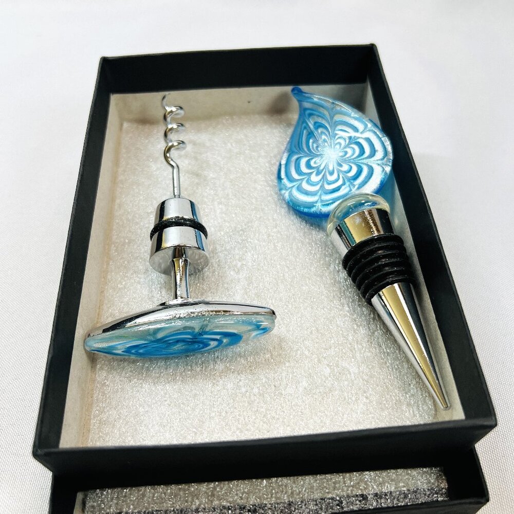 Corkscrew & Stopper Art Glass Set Teal White Iridescent Paragon Wine Accessories